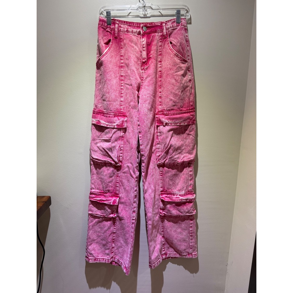SHEIN Petite Pink Acid Wash Cargo Jeans High Waisted Straight Leg Pants M